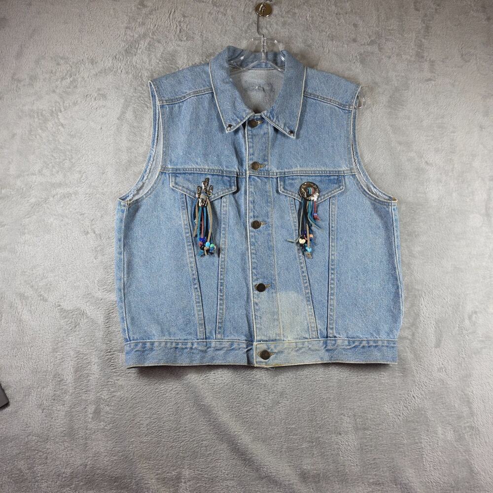 Pais Blue Denim Vest Women's L Western Longhorn Skull Fringe Beaded USA